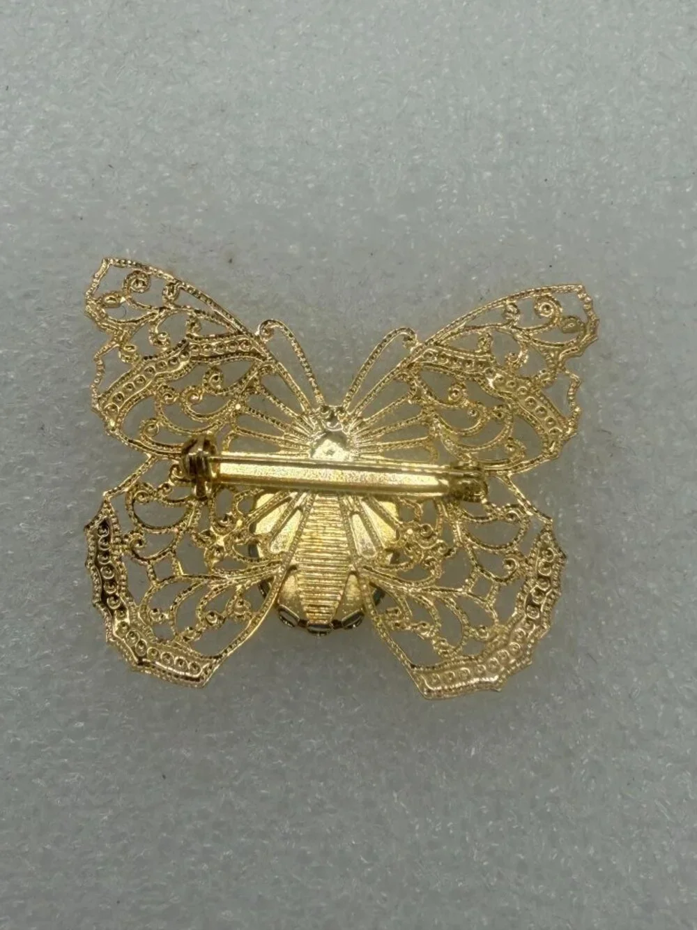 Vintage Gold Tone Filigree Butterfly Brooch Pin with Turquoise Colored Center